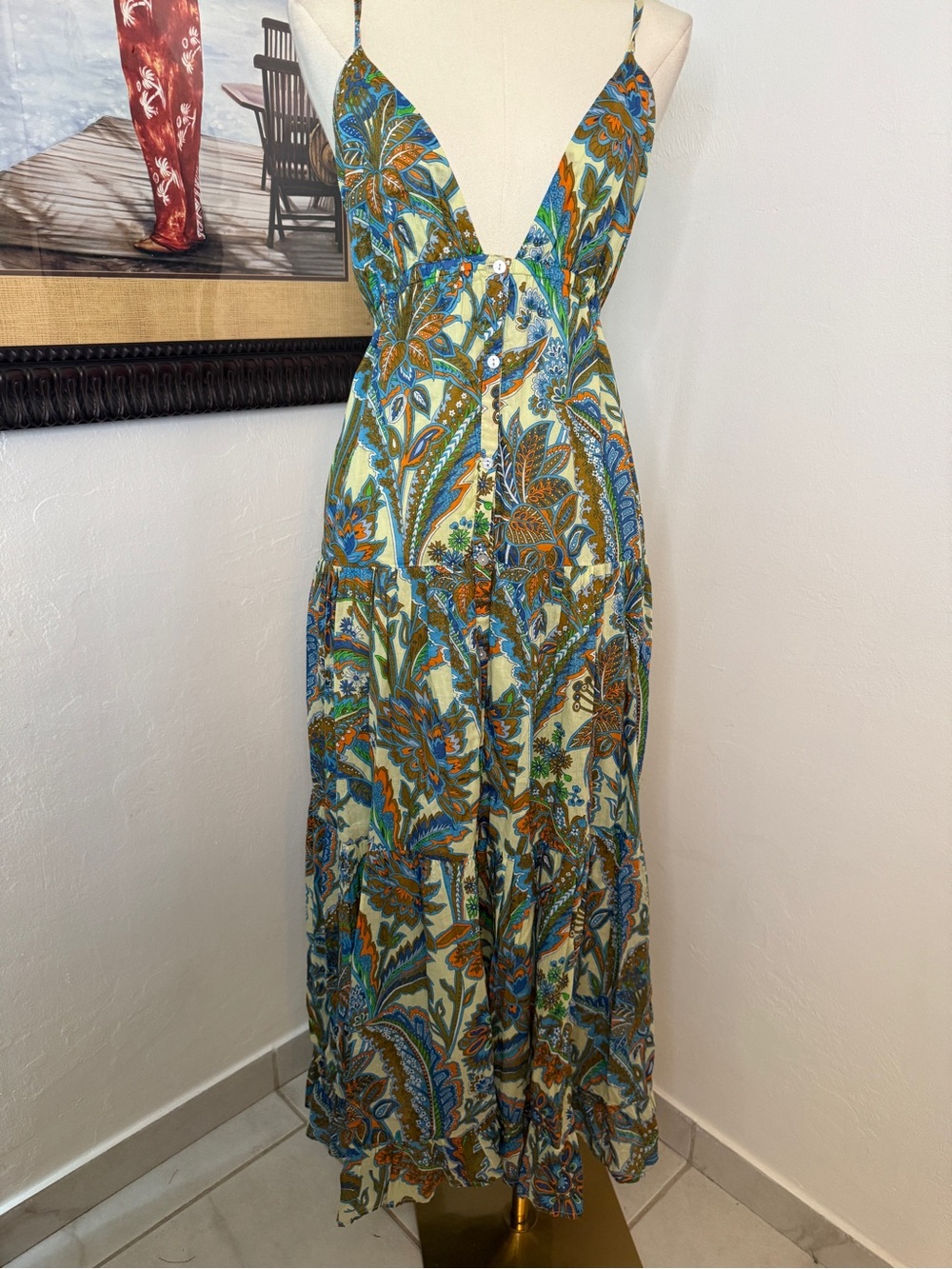House of Harlow 1960 Paisley Maxi Dress in Blue, Green & Tan